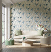 blue tonal botanical wallpaper featuring chinoiserie style birds in modern living room