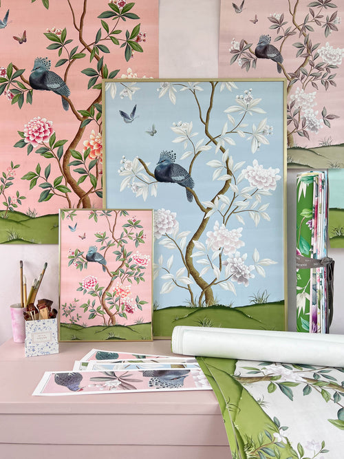 colourful vintage style botanical chinoiserie art prints