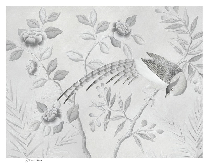 close up of silver chinoiserie art print featuring bird on branch with flowers