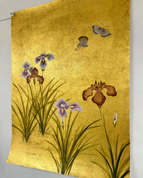 Antique Gold Iris And Butterflies Original Painting - Diane Hill