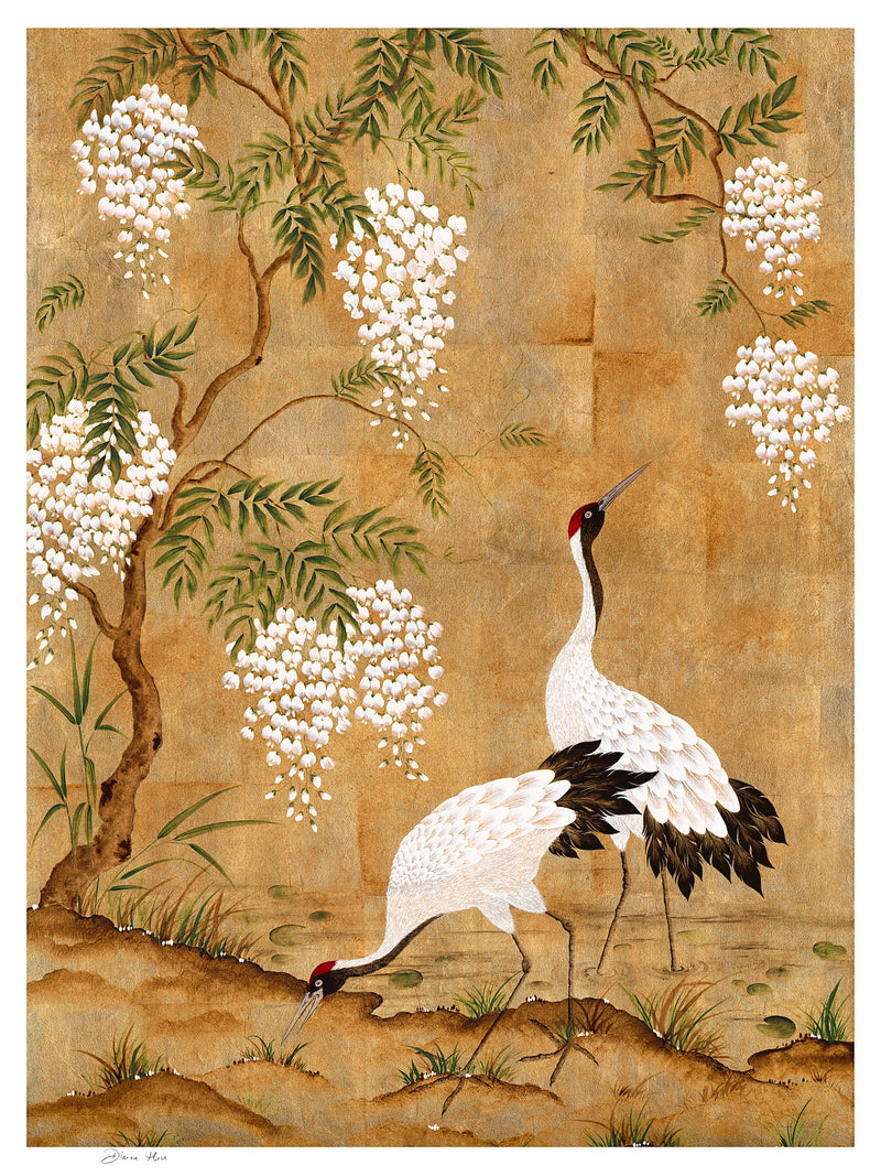 Japanese style chinoiserie wall art print featuring cranes and wisteria tree on gold background
