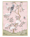 pink botanical chinoiserie wall art print with flowers and birds in Chinese painting style