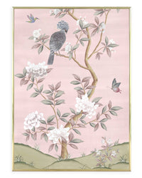 pink botanical chinoiserie wall art print with flowers and birds in Chinese painting style