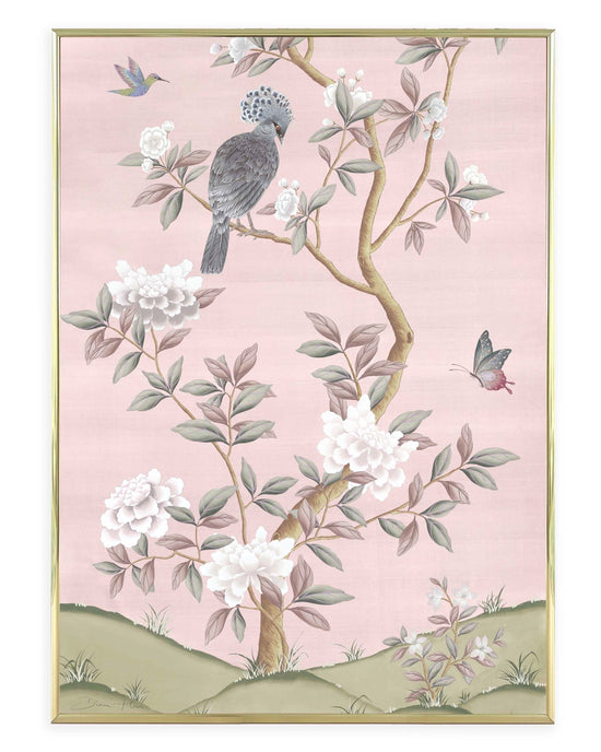 pink botanical chinoiserie wall art print with flowers and birds in Chinese painting style