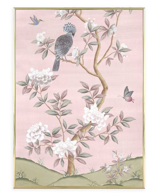 pink vintage floral chinoiserie wall art print with flowers and birds, chinoiserie chic gifts, Chinese style illustration