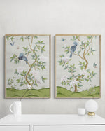 pair of neutral vintage floral chinoiserie wall art prints with flowers and birds, Chinese art style illustrations