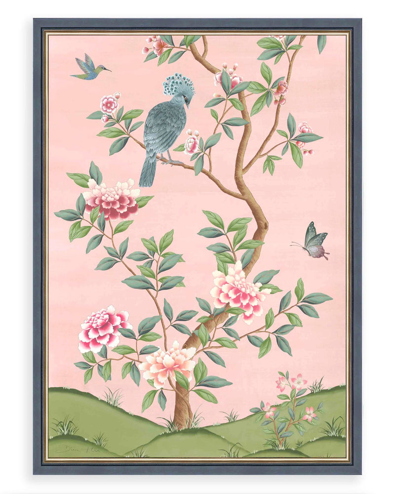 pink vintage floral chinoiserie wall art print with flowers and birds, Chinese art style illustrations