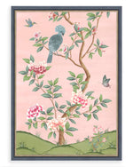 pink vintage floral chinoiserie wall art print with flowers and birds, Chinese art style illustration