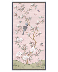 framed pink chinoiserie wall art panel print featuring birds, butterflies, and flowers