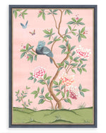pink vintage floral chinoiserie wall art print with flowers and birds, Chinese art style illustration