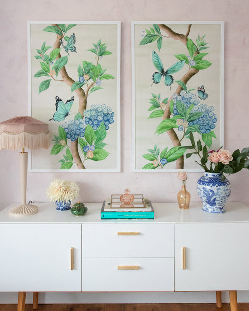 pair of ivory white neutral green and blue Chinoiserie Framed Art, Bright and Colourful Wall Art for chinoiserie bedroom maximalist home decor