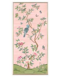 framed pink and green botanical chinoiserie wall panel print with flowers and birds in Chinese painting style