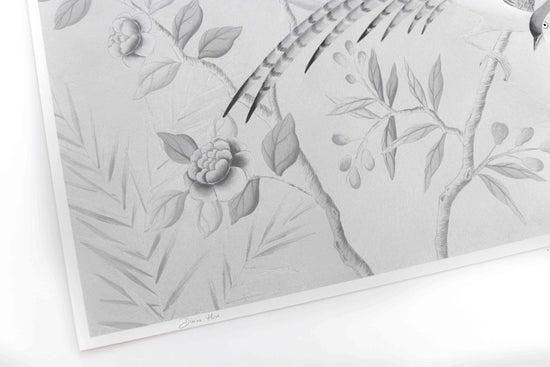 close up of silver chinoiserie art print featuring bird on branch with flowers