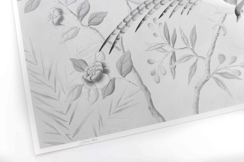 close up of silver chinoiserie art print featuring bird on branch with flowers
