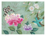 colourful chinoiserie wall art print featuring bird, flowers, and butterfly on blue background