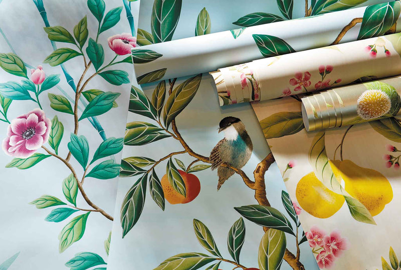 Ella wallpaper - Sky/Fig Leaf/Nectarine - Diane Hill