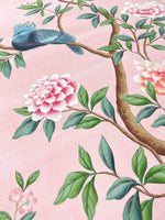 pink vintage floral chinoiserie wall art panel print with flowers and birds, chinoiserie chic wallpaper panel, Chinese style art illustration