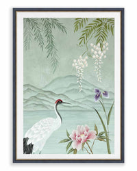 Japanese Crane And Wisteria Mountain Scene Original Painting - Diane Hill