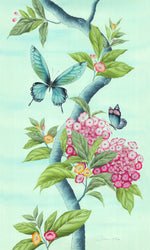 Aqua blue Chinoiserie art print featuring large butterflies, pink hydrangea flowers and lush green leaves