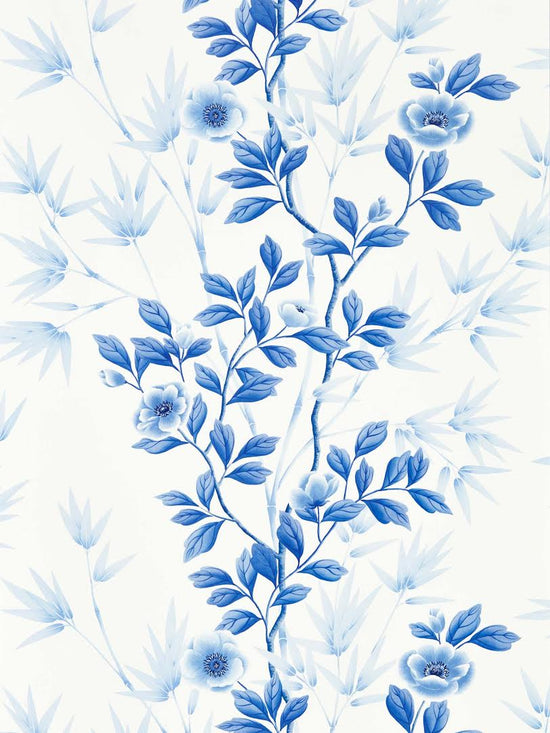 classic blue and white chinoiserie wallpaper featuring bamboo and flowers