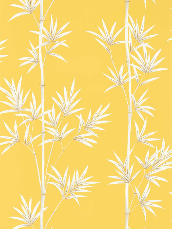 yellow botanical wallpaper featuring chinoiserie style bamboo