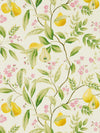 yellow botanical wallpaper featuring chinoiserie style fruits and flowers