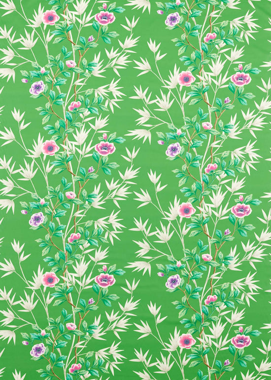 green chinoiserie fabric featuring bamboo and flowers