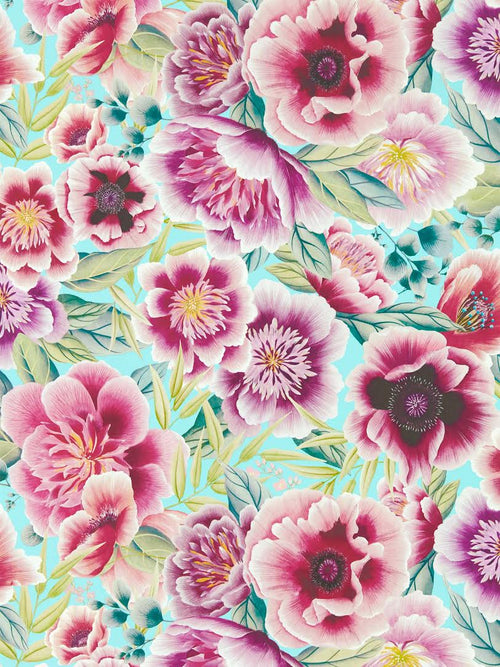 Aqua/Peony/Magenta floral wallpaper.  Chinoserie chic.  Matching Fabric.  Wall decor for bedrooms