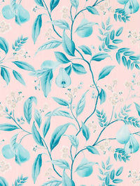 pink and blue botanical wallpaper featuring chinoiserie style fruits and flowers