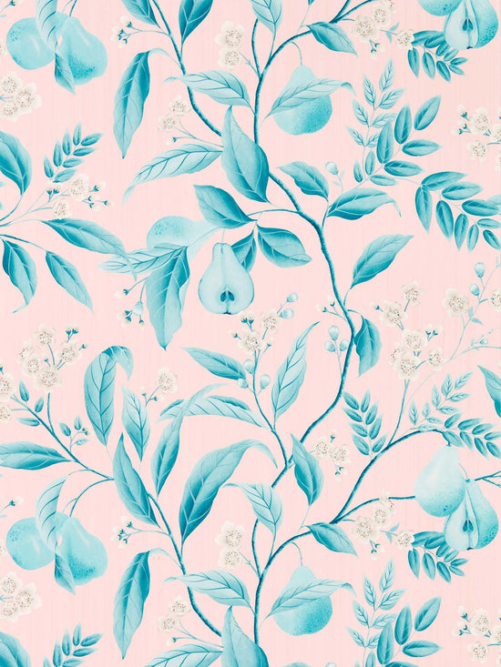 pink and blue botanical wallpaper featuring chinoiserie style fruits and flowers