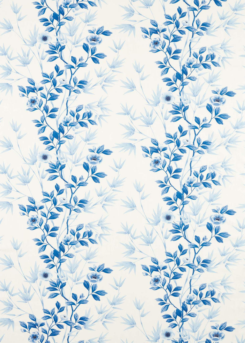 classic blue and white chinoiserie fabric featuring bamboo and flowers