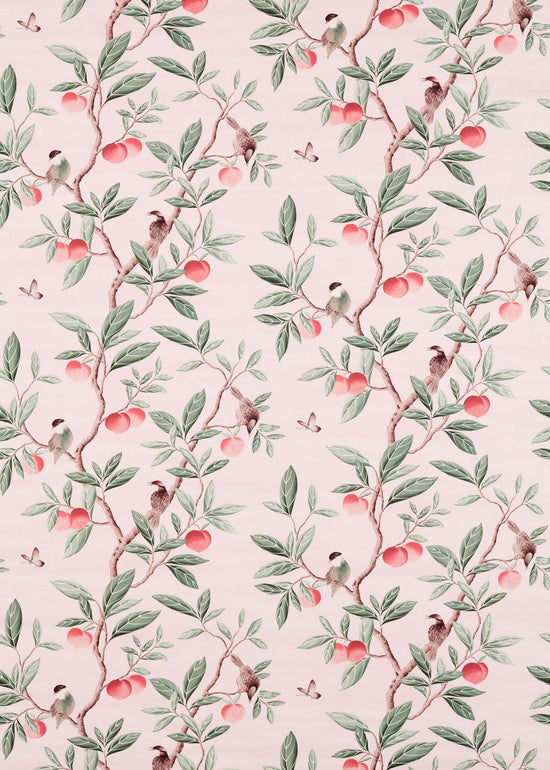 pink botanical fabric featuring chinoiserie style birds, branches, and butterflies