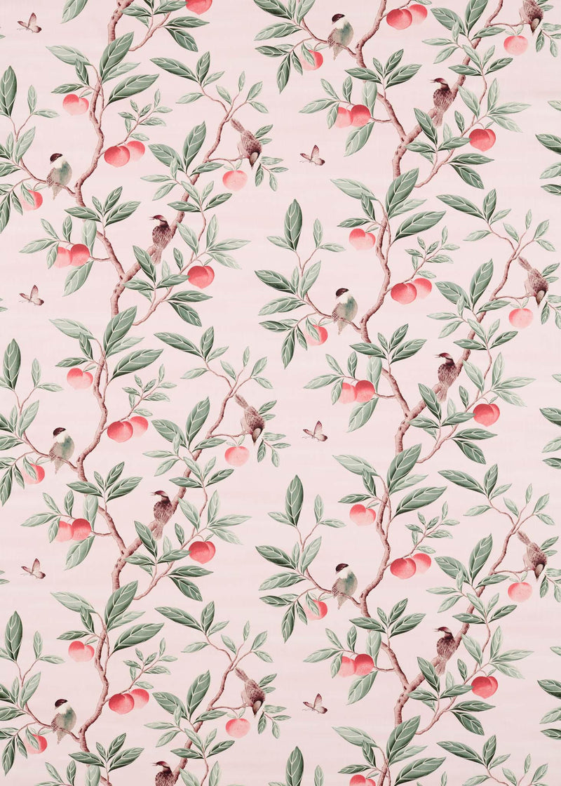 pink botanical fabric featuring chinoiserie style birds, branches, and butterflies