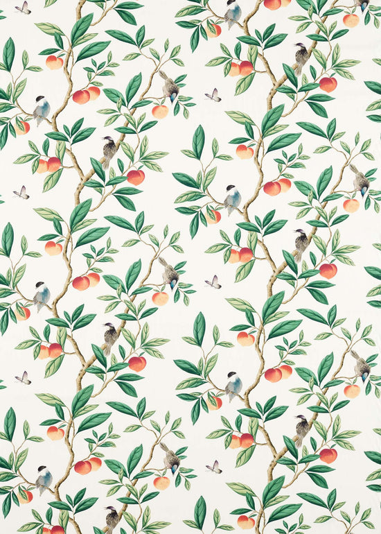 botanical fabric featuring chinoiserie style birds, branches, and butterflies