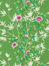 green floral wallpaper featuring chinoiserie style bamboo and flowers