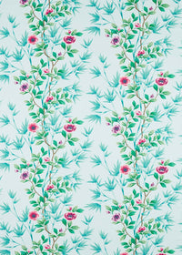 blue chinoiserie fabric featuring bamboo and flowers