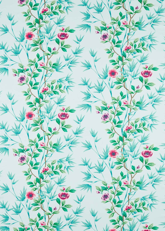 blue chinoiserie fabric featuring bamboo and flowers