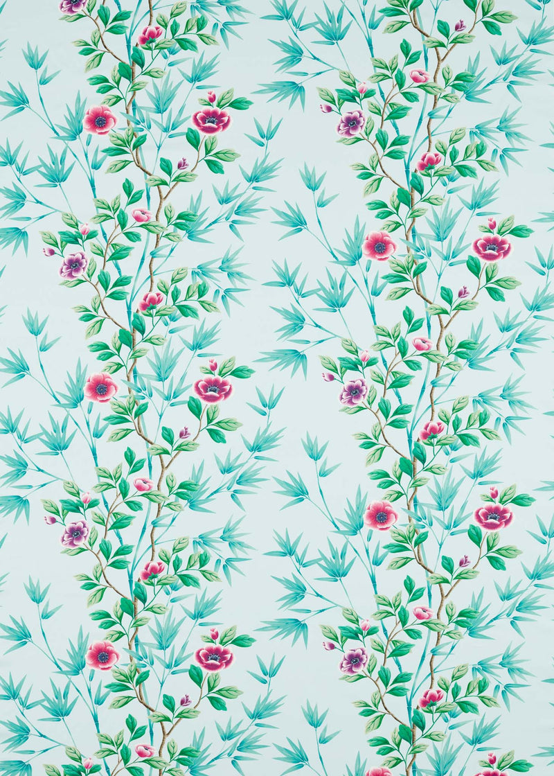 Lady Alford Fabric  with anemone blooms - Sky/Magenta, Floral Fabric, Chinoiserie Chic, Interior design, bedroom, living room, lounge, upholstery, curtains