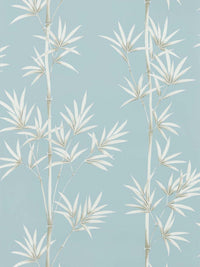 blue botanical wallpaper featuring chinoiserie style bamboo