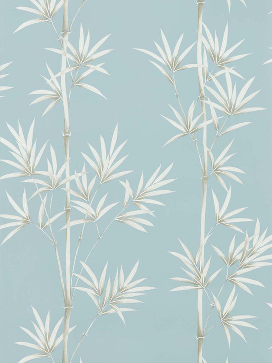 blue botanical wallpaper featuring chinoiserie style bamboo