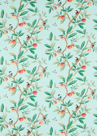 blue botanical fabric featuring chinoiserie style birds, branches, and butterflies