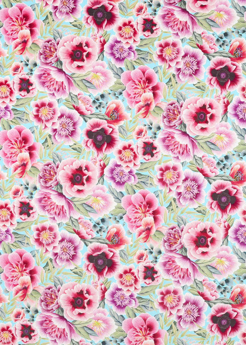 Marsha Fabric - Cotton and velvet - Aqua/Peony/Magenta, Botanical Fabric, Interior Design