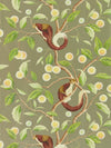 green botanical wallpaper featuring chinoiserie style animals and fruit