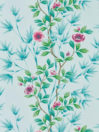 blue chinoiserie wallpaper featuring bamboo and flowers