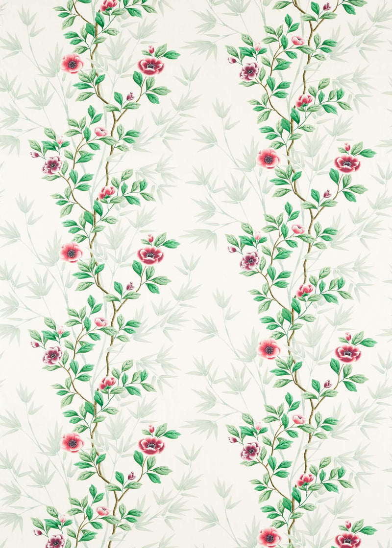 white and green floral fabric featuring chinoiserie style bamboo and flowers