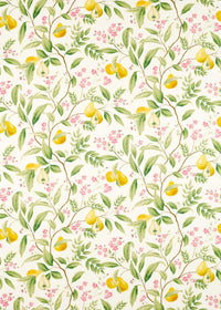 yellow botanical fabric featuring chinoiserie style fruits and flowers