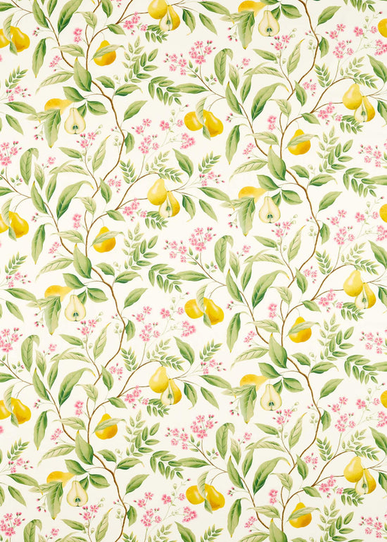 yellow botanical fabric featuring chinoiserie style fruits and flowers