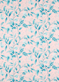 pink and blue botanical fabric featuring chinoiserie style fruits and flowers