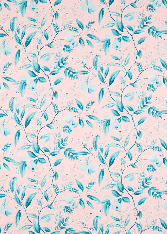 pink and blue botanical fabric featuring chinoiserie style fruits and flowers