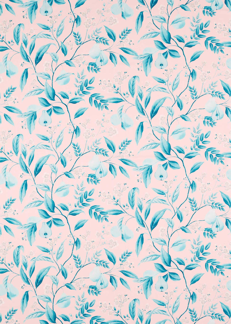 pink and blue botanical fabric featuring chinoiserie style fruits and flowers